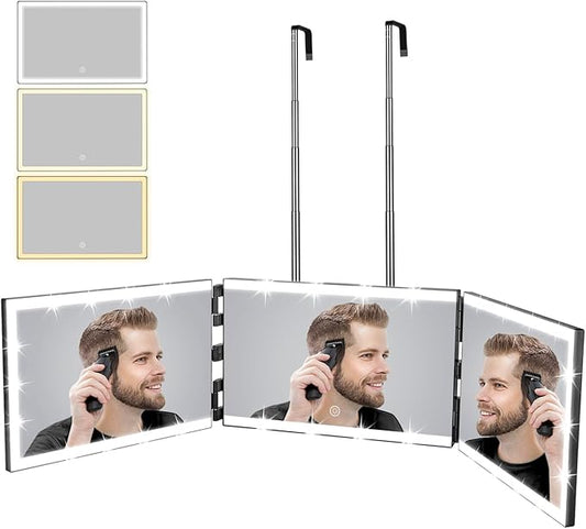 XIGETRAIL Rechargeable 3 Way Mirror for Self Hair Cutting with 8 Light Strips & Telescoping Hooks for Makeup,Shaving,Braiding&Styling-Trifold Barber Mirror