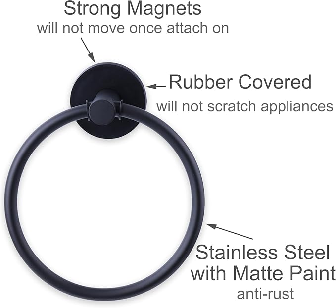 Magnetic Towel Ring Hand Towel Holder Towel Rack Towel Hook Hanger for Refrigerator, Kitchen Stove, Oven, Dishwasher, Sink, Laundry Washing Machine Black