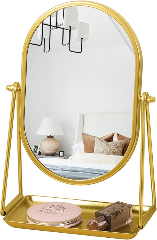 Table Mirror Gold Oval Desk Makeup Mirror with Storage 360°Adjustable Rotation Metal Framed Standing Mirrors Room Decor for Living Room, Bedroom, Office, Bathroom