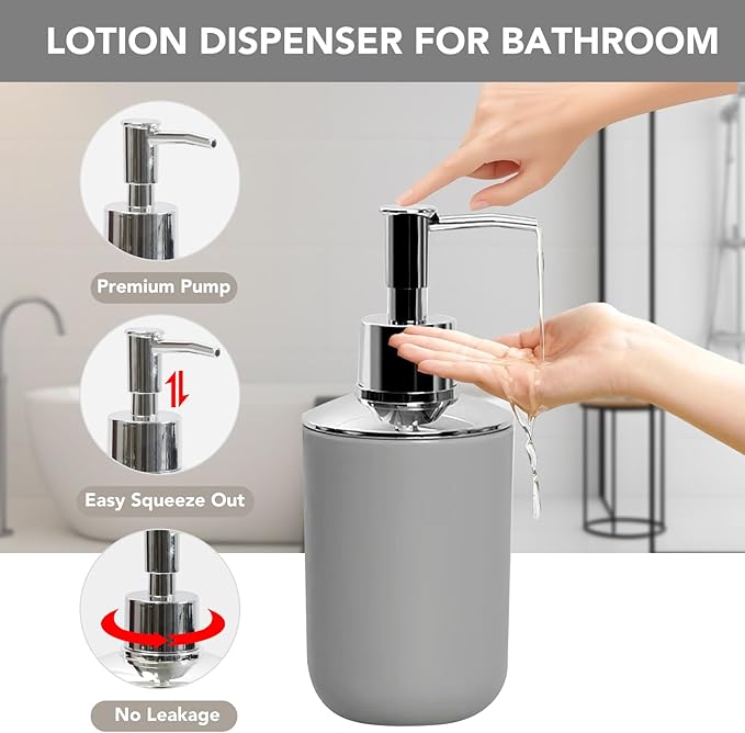 Matte Gray Bathroom Accessories Set, 4 Piece Plastic Bathroom Toothbrush Holder Set, Include Soap Dispenser, Toothbrush Holder, Rinse Cup, Soap Dish, Boho Grey Bathroom Decor for Home, Bathroom Set