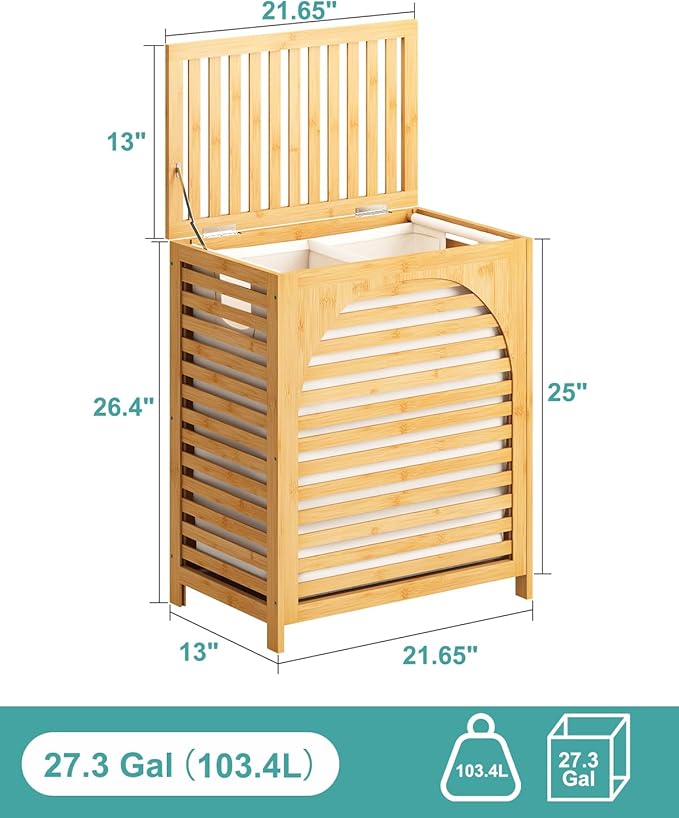 Laundry Hamper with Lid, 27.3 Gallon (103L) Bamboo Wood Clothes Laundry Basket with Lid and Handles, Removable Liner