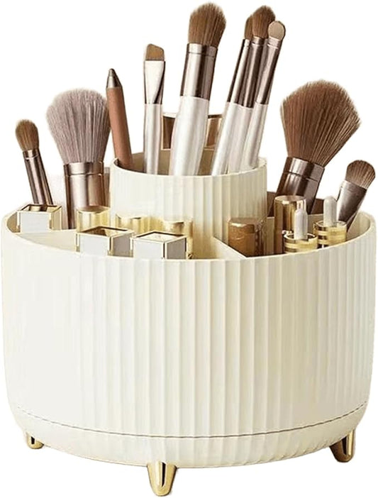 360° Rotating Makeup Brush Organizer with Gold Feet, Partitioned Storage Container, Space-Saving Cosmetic Holder & Pen Holder (Beige)