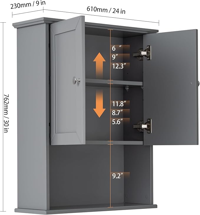 VANIRROR Grey Wall Mounted Bathroom Cabinet 24x30 Inch Wooden Over Toilet Storage Cabinet with 2 Doors, Above Toilet Medicine Cabinets for Bathroom Laundry Room Bedroom Kitchen