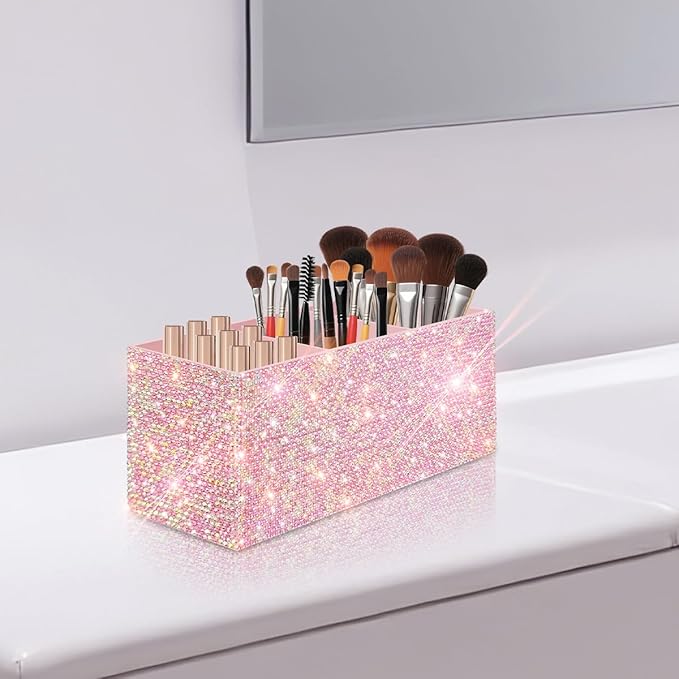 Bling Makeup Brush Holder Organizer, 3 Slot Sparkle Cosmetics Brushes Storage Holders with Shiny Rhinestones, Glitter Cute Pen and Pencil Holder for Desk, Eyeliners Display Case for Vanity???Pink???