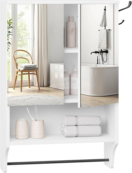 MAHANCRIS Bathroom Wall Cabinet with Mirror, Medicine Cabinet with 2 Door and Adjustable Shelf, Wall Mounted Over The Toilet Storage Cabinet for Bathroom Laundry Room Kitchen, 18.9"W x 26.2"H, White