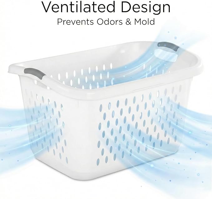2.7 Bushel Jumbo Laundry Basket - Large Capacity Plastic Clothes Hamper with Reinforced Comfort Grip Handles - Vented Washing Bin for Family Rooms, Dorms, and Bathroom Organization - White