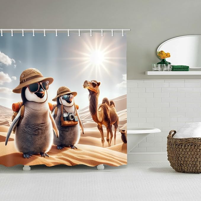 Bathroom Shower Curtains, Desert Penguin Camel Theme Design Waterproof Shower Curtains, Bathroom Decoration Set Animal Shower Curtain Hook 72 "Wx72 L-inch Fabric Shower Curtain.