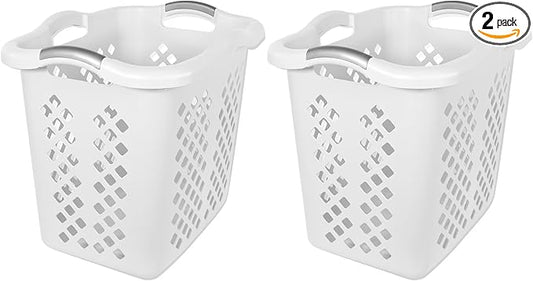 2-bushel capacity laundry baskets with silver handles, white, 2-pack