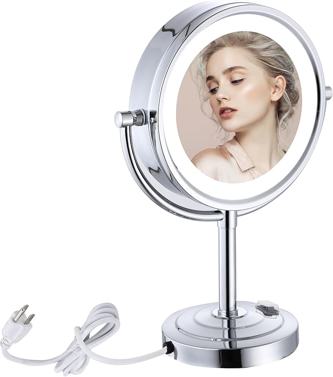 8.5 inch LED Makeup Mirror with 10X Magnification,has Three Colors Lights,Extendable Bathroom Mirror,Tabletop Two-Sided, Antique Brass Finish(8.5in,10X) (Chrome, 10x Magnification)