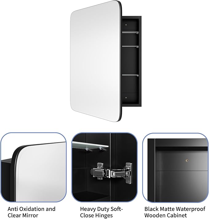 AGDULL Bathroom Wood Black Cabinet with 20''x30'' Curved Mirror, Recessed Medicine Cabinet, Bathroom Storage Cabinet