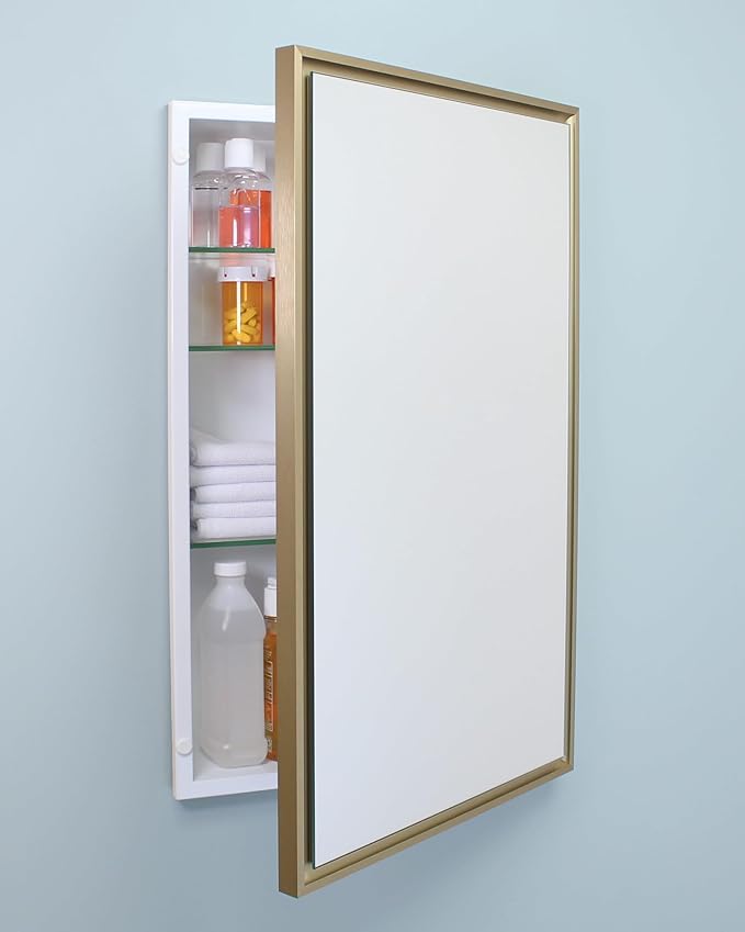Fox Hollow Furnishings 16x26 Parker Metro Metal Framed Rectangle Recessed Bathroom Medicine Cabinet, Floating Mirror, 14x24 in-Wall Opening, Steel, Adjustable Glass Shelves, Magnet Close, Gold