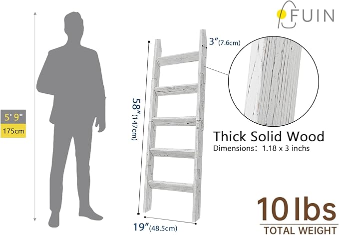FUIN 5ft Wood Blanket Ladder Living Room Decorative Wall Leaning Farmhouse Quilt Display Holder Storage Wooden Towel Rack for Bathroom, Rustic White