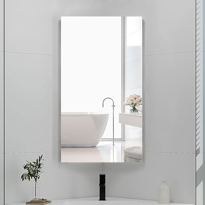 Bathroom Corner Medicine Cabinet with Mirror, Corner Wall Mount Medicine Cabinet with 3 Storage,Small Corner Cabinet for Bathroom, Opens Right to Left, 2 Fixed Shelves,White,24x14