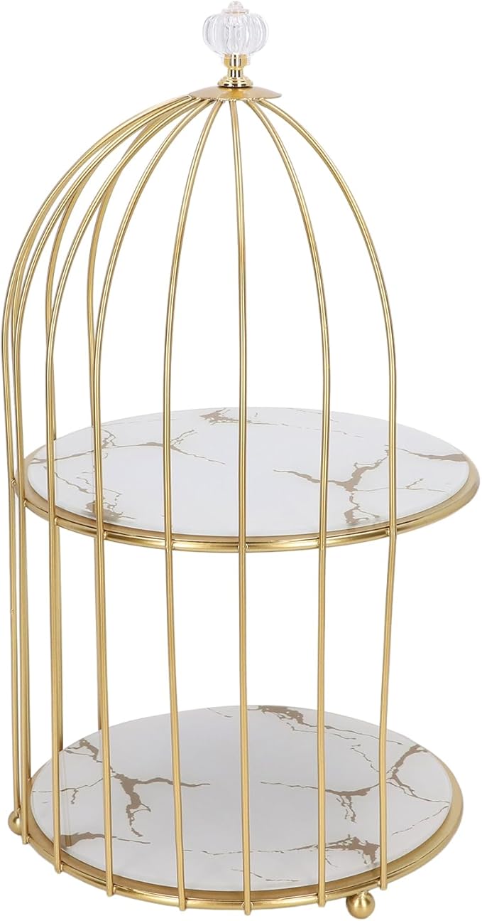 Double Layer Storage Shelf, Bird Cage Organizer Display Rack with Sturdy Metal Glass Frame, for Bathroom Countertop Dressing Table (White Base Gold Pattern)