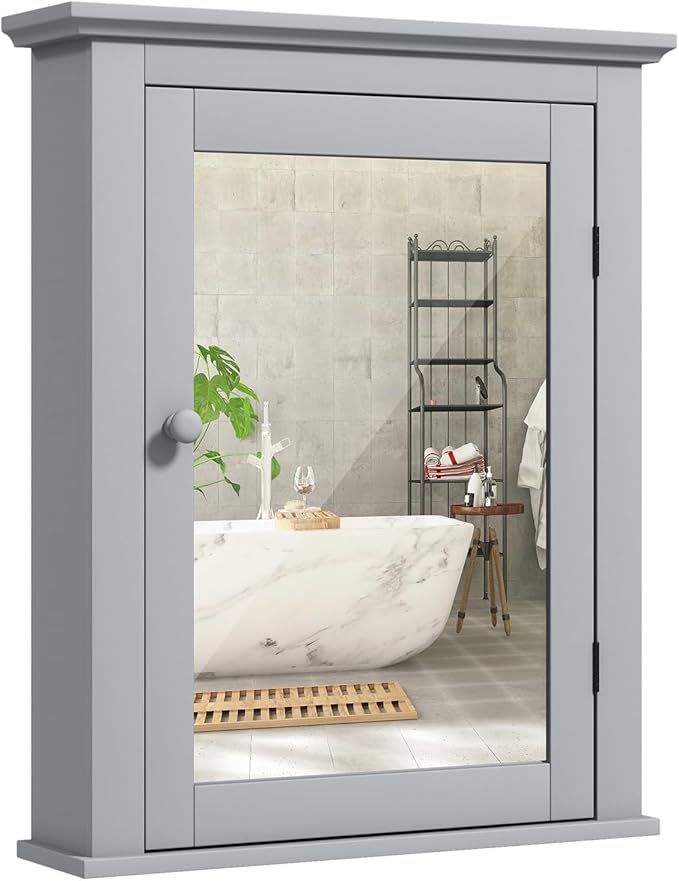 COSTWAY Bathroom Medicine Cabinet with Mirror, Wall-Mounted Storage Cabinet Organizer with 5-Position Adjustable Shelf, Hanging Bathroom Wall Cabinet for Living Room Bedroom Entryway (Grey)