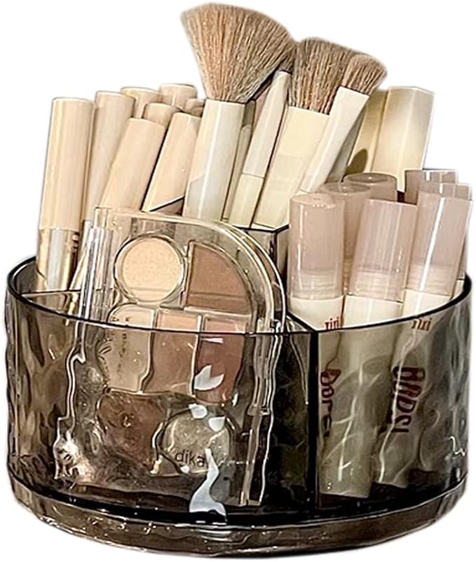 Multifunction Cosmetic Organizer, Rotating Makeup Brush Holder with Multi-Compartment Design, Countertop Organizer for Vanity, Bathroom Counter, Pantry, Cabinet (Transparent grey ripple)