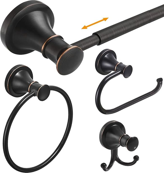 Hoimpro Oil Rubbed Bronze Bathroom Accessory Set, 4-Piece Wall Mount Hardware with Adjustable Towel Bar Rack, Towel Ring, Paper Towel Holder, Double Towel Hooks