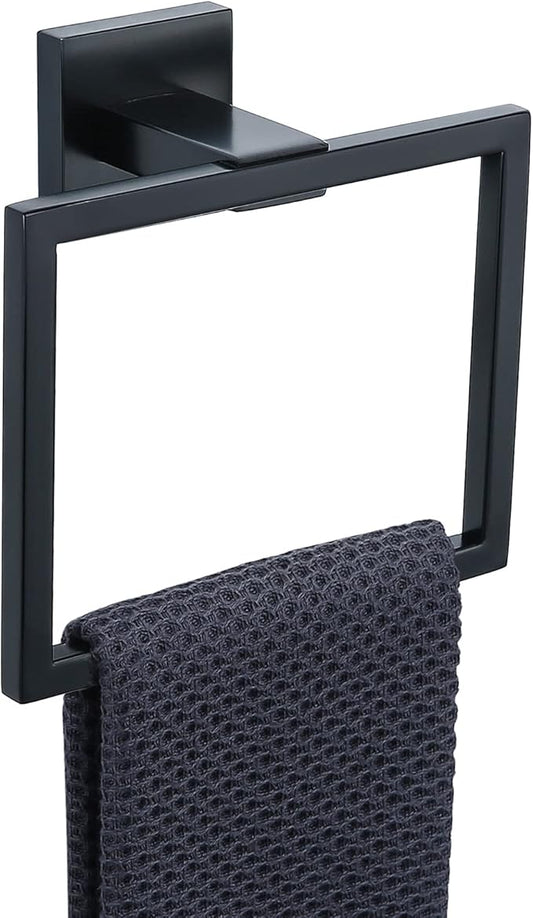 TQKAG Matte Black Towel Ring Bathroom Hand Towel Holder Stainless Steel Square Towel Hangers Wall Mounted