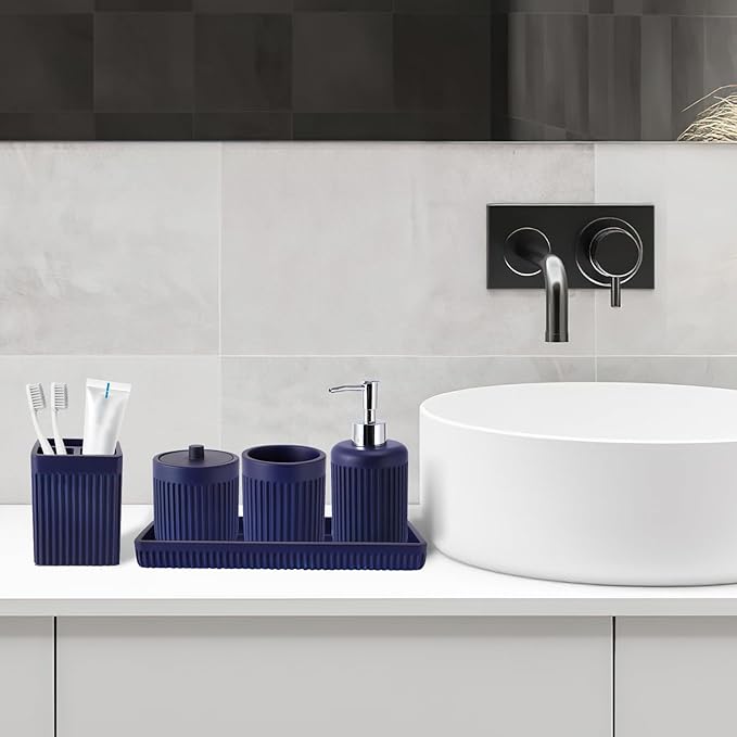 XLHOMO Resin Navy Blue Bathroom Accessories Set 5 Pcs, Lotion Soap Dispenser, Toothbrush Holder, Bathroom Tumbler, Qtip Holder and Vanity Tray, Bathroom Countertop Organizer Set for Modern Apartment