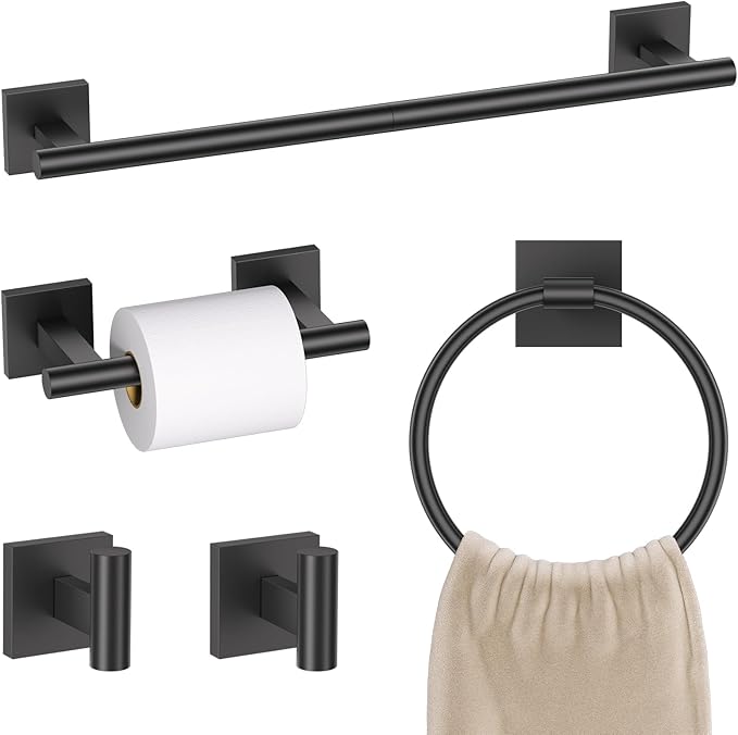 Matte Black Bathroom Hardware Accessories Towel Bar Set 5 Pieces Double Dase Toilet Paper Holder Towel Holder Set 23.6 Inch Stainless Steel Towel Rack for Bathroom Wall Mounted