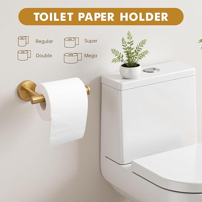 Gold Bathroom Accessories, 24” Towel Bar, Towel Ring Holder, Toilet Paper Holder and 3 Towel Hooks, Bathroom Hardware Set Wall Mounted