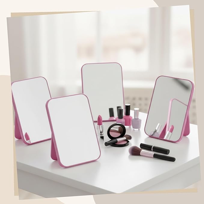 Cinnvoice 24 Pack Desktop Makeup Mirror Bulk 90° Adjustable Portable 8" Vanity Table Mirror with Stand, Folding Travel for Makeup Party Spa Party, Women, Cosmetics Personal Beauty (Pink)