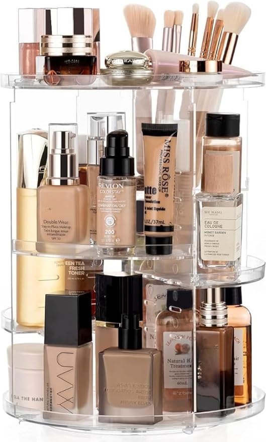 360 Rotating Makeup Organizer, Large Capacity DIY Adjustable Cosmetic Display Organizer, Spinning Perfume Skin Care Organizer for Vanity Countertop, Clear