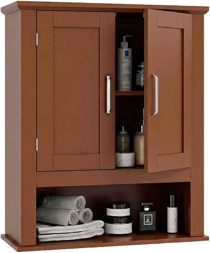VINGLI Bathroom Wall Cabinet, Black Wall Mounted Storage Cabinet for Bathroom Over The Toilet, Medicine Cabinet with 2 Doors and 3-Height Adjustable Shelf & Open Shelf, Painted MDF, Space Saving