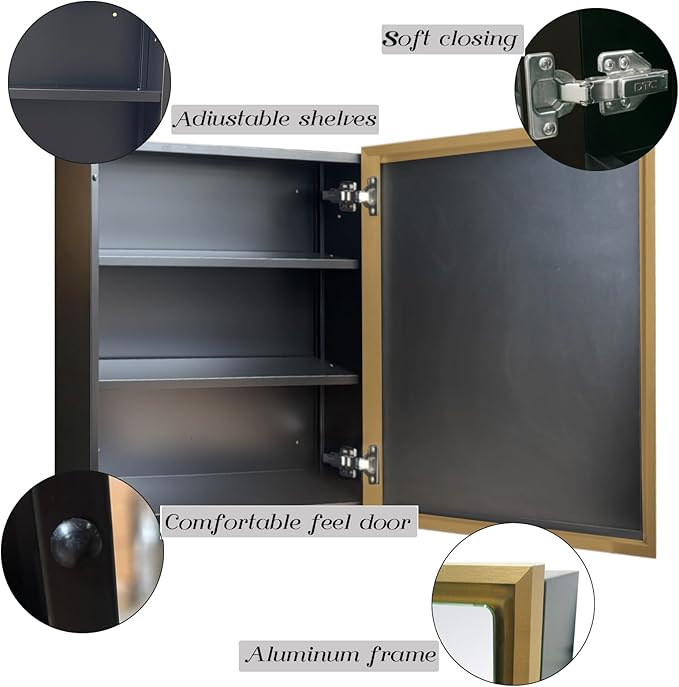 Medicine Cabinet with Mirror Recessed or Surface Mount Farmhouse Style Single Door Mirror Cabinet Square Bathroom Storage, Brushed Gold, 24x24 Inch