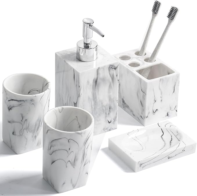 5 Piece Bathroom Accessories Set, Marble Resin Bathroom Vanity Set, Soap Dispenser, Toothbrush Holder, Soap Dish & 2 Tumblers, Bathroom Countertop Organizer Set (Ink White)
