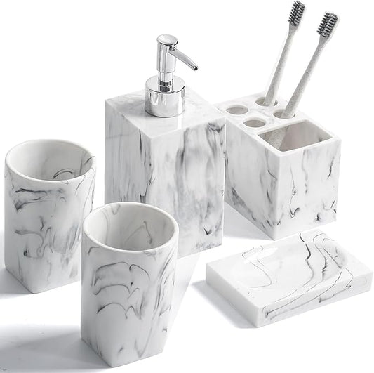 5 Piece Bathroom Accessories Set, Marble Resin Bathroom Vanity Set, Soap Dispenser, Toothbrush Holder, Soap Dish & 2 Tumblers, Bathroom Countertop Organizer Set (Ink White)