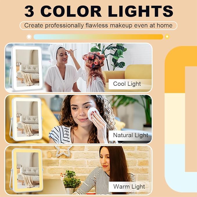 Rechargeable LED Vanity Mirror with Lights, 10"x7" Small Lighted Makeup Mirror, Portable Travel Desk Mirror, 3-Color Lighting, for Dorm, Bedroom, Gifts for Women