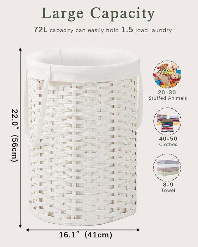 SETVSON Laundry Hamper Laundry Basket Round 19.0 Gal (72 L) Handwoven Rattan Hamper, Large Wicker Laundry Hamper with Removable Laundry Bag Handles 2 Mesh Bags for Bedroom Living Room White (No Lid)