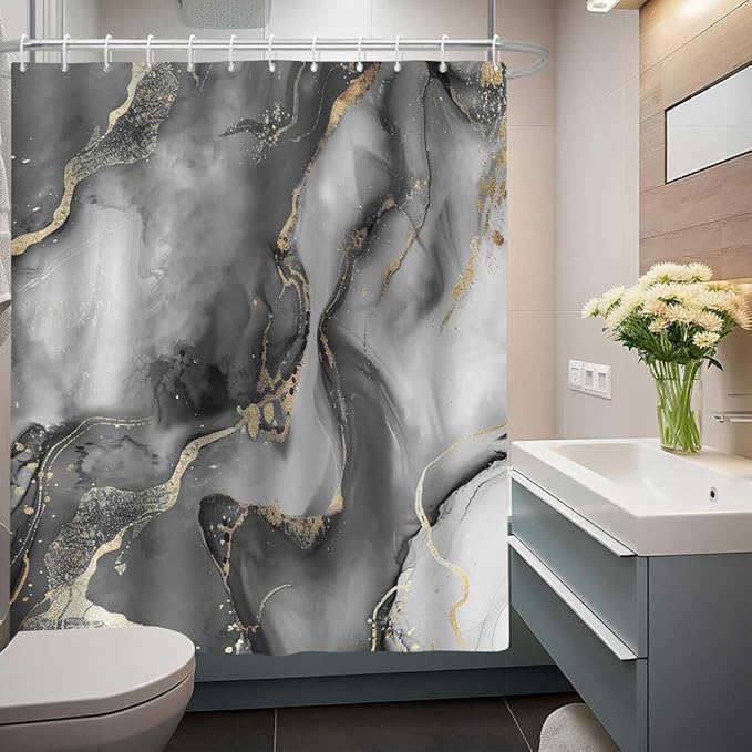 Black Gold Marble Shower Curtain for RV Bathroom Decor, Abstract Luxury Gray Golden Texture Marble Shower Curtains for Bathroom, Luxury Modern Waterproof Bath Decor 47x64 Inches