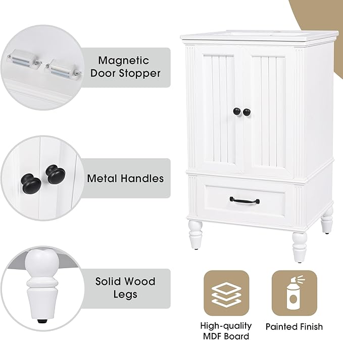 Virubi 20" Small Bathroom Vanity with Sink,Doors and Drawer,Wood Mid-Century Modern Bathroom Sink Cabinets with Adiustable Foot Pads,for Small Space,Freestanding (White)