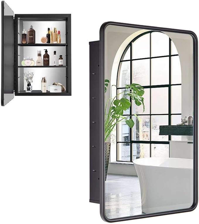 Black Bathroom Medicine Cabinet with Mirror 16 x 24 Metal Frame Recessed Or Wall Mounted Single Door Storage Medicine Cabinet with Adjustable Shelves Rounded Rectangle Beveled Mirror