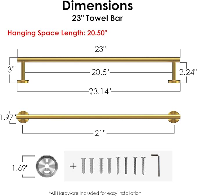 FORIOUS Towel Bar Wall Mounted, Stainless Steel Towel Racks for Bathroom 23 Inch, Includes Wall Mounting Hardware (Gold, Hanging Space 21 Inch)