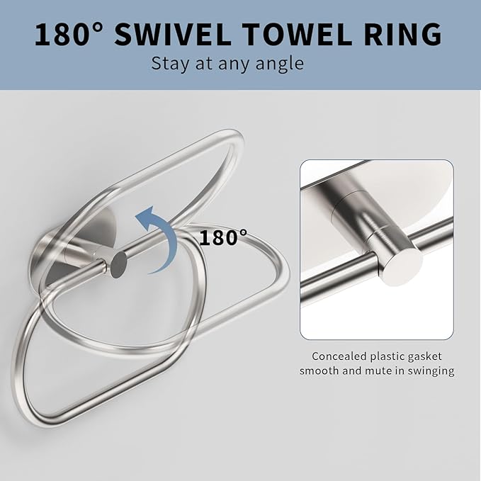 Adhesive Towel Holder for Bathroom Brushed Nickel No Drill Hand Towel Ring Stainless Steel and Zinc Alloy Self Adhesive Towel Hanger for Bath, Kitchen