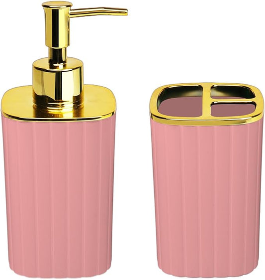 2Pack Bathroom Accessories Set, Pink Bathroom Set. Bathroom Toothbrush Holder Set, Includes Dispenser and Toothbrush Holder. Bohemian Bathroom Accessories