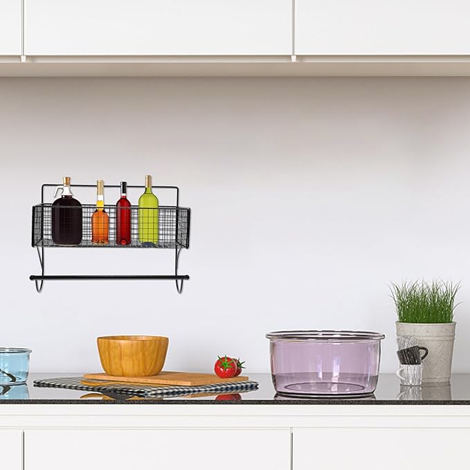 VICASKY Bathroom Hanging Rack Wall-Mounted Iron Storage Shelf with Rod, Punch-Free Bathroom Shelving Organizer for Toiletries and Kitchen Storage