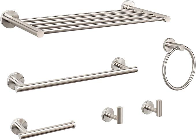 NearMoon Bathroom Accessories Set 6 Pieces, SUS304 Stainless Steel Bathroom Hardware Set, Shower Towel Rack for Kitchen, Towel Holder Wall Mounted (16 Inch, Brushed Nickel)