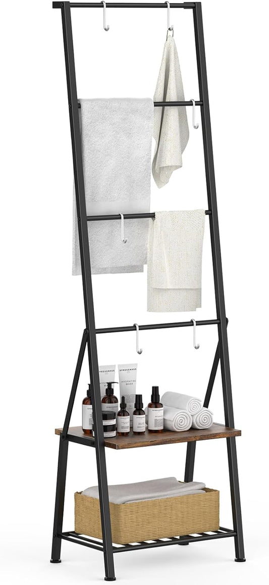 CADUKE Blanket Ladder with Storage Shelf, Blanket Rack with 8 Removable Hooks, Towel Ladder for Bathroom Living Room and Bedroom, Rustic Brown