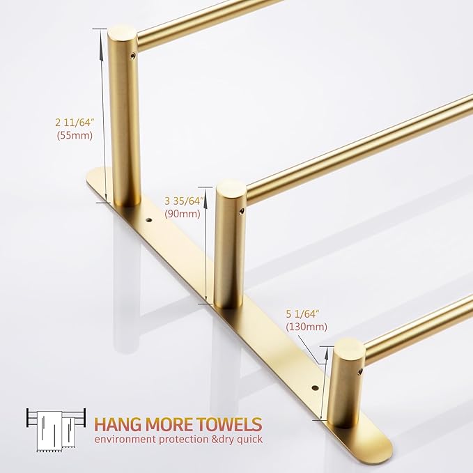 KOKOSIRI Bath Towel Bars Bathroom 3-Tiers Ladder Towel Holder Rails Wall Mounted Towels Shelves Rack Stainless Steel, Brushed Gold, B5002BG-L24