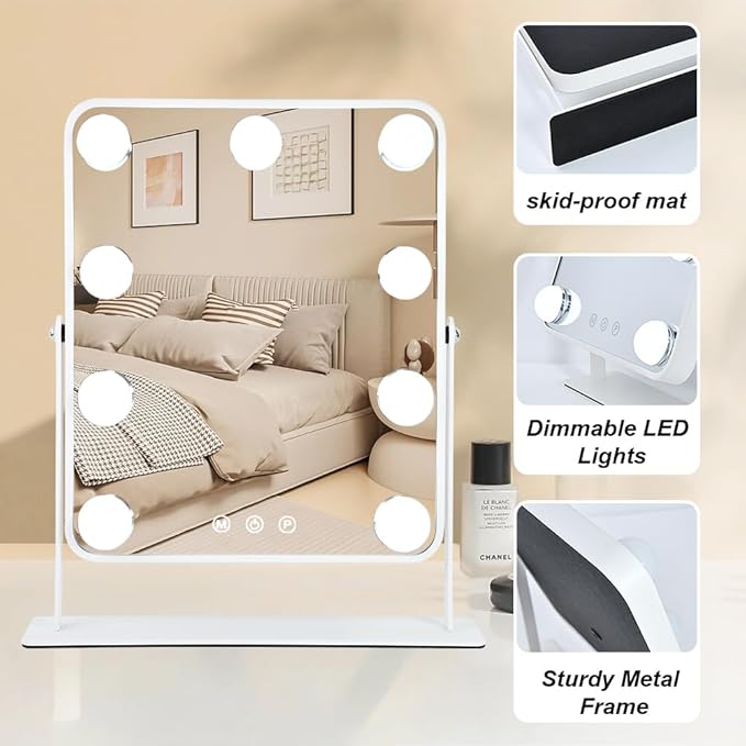 YEKKOPT Vanity Mirror with Lights,Lighted Makeup Mirror with 9 LED Bulbs, Light Up Makeup Mirror with Lights for Dressing Room & Bedroom,Smart Touch Control,360 Rotation