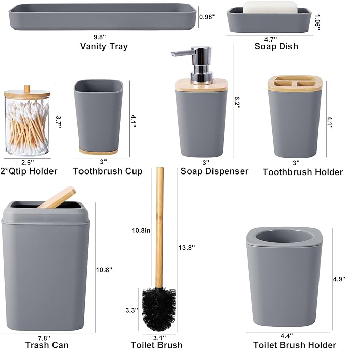 Grey Bathroom Accessories Set with Trash Can 9 Piece Grey Bathroom Decor Toothbrush Holder,Toothbrush Cup,Lotion Soap Dispenser,Vanity Tray,Soap Dish,Toilet Brush,Qtip Holder
