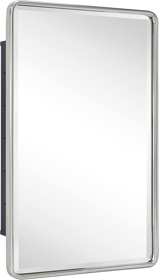 TEHOME Farmhouse Brushed Nickel Metal Framed Recessed Bathroom Medicine Cabinet with Mirror Rounded Rectangle Medicine Cabinet with Beveled Mirror 16x24''