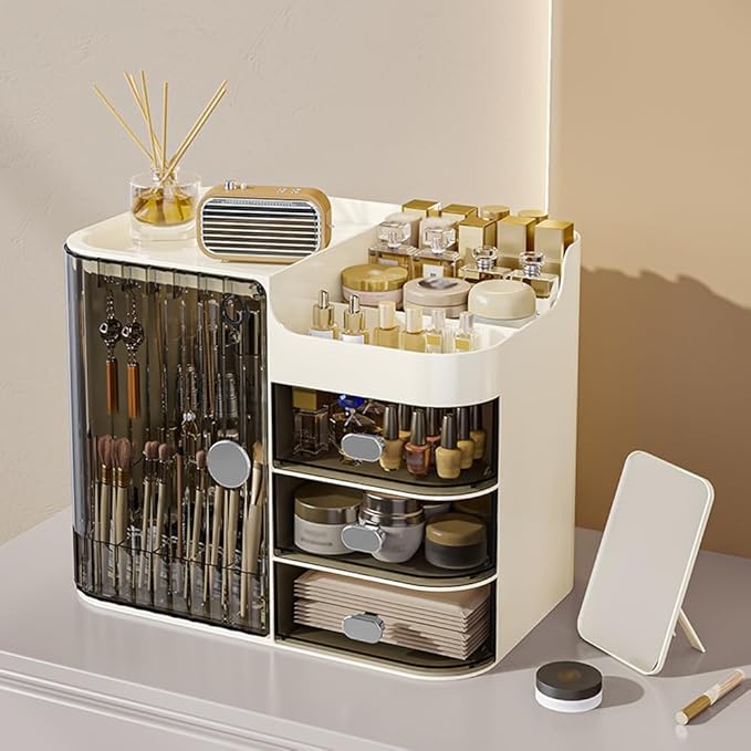 Cosmetics Display Case with Mirror, Large Capacity Cosmetic Storage Box with Drawers, Dust and Waterproof Makeup Organizer, Skincare Jewelry Storage Box for Bedroom, Bathroom (Transparently black)