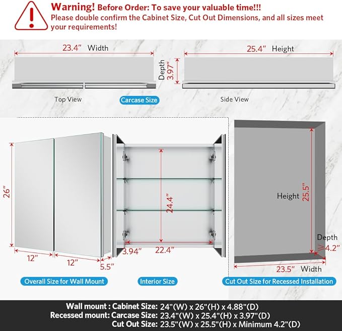 Quavikey Medicine Cabinet with Mirror for Bathroom 2 Doors Aluminum Surface Mount or Recessed Mirror Medicine Cabinet 24x26 Inch, Silver