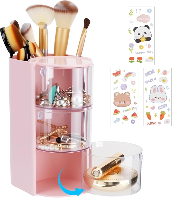3-Tier Clear Hair Accessories Organizer with Makeup Brush Holder, Rotatable Jewelry Storage Box with Cute Stickers for Bows & Clips, Desktop Organizer Case for Bathroom Vanity Countertop（Pink）