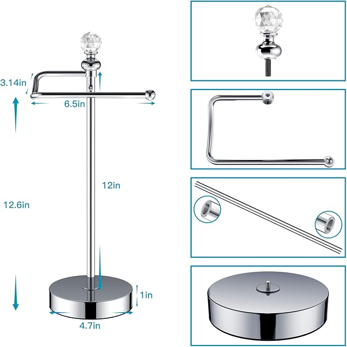 ROLABAM Heavy Weighted Towel Holder (with Crystal Ball) Standing Towel Holder - Total Height 15.7'' for Kitchen, Bathroom, Vanity - Classic Decorative Metal Hand Towel Stand, Polished Chrome
